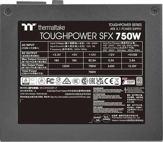 „Thermaltake Toughpower SFX Platinum 750W“, kompiuterio maitinimo šaltinis - juodas, 1x 12VHPWR, 2x PCIe, laidų valdymas, 750 vatų