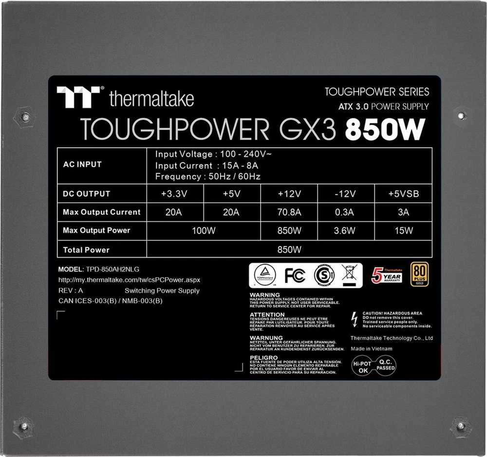 850 W Thermaltake Toughpower GX3 Color Box ATX 3.0 Gold