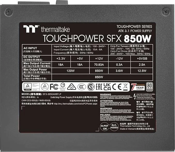 „Thermaltake Toughpower SFX Platinum 850W“, kompiuterio maitinimo šaltinis - juodas, 1x 12VHPWR, 2x PCIe, laidų valdymas, 850 vatų
