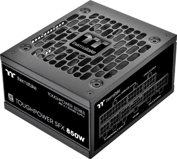 „Thermaltake Toughpower SFX Platinum 850W“, kompiuterio maitinimo šaltinis - juodas, 1x 12VHPWR, 2x PCIe, laidų valdymas, 850 vatų