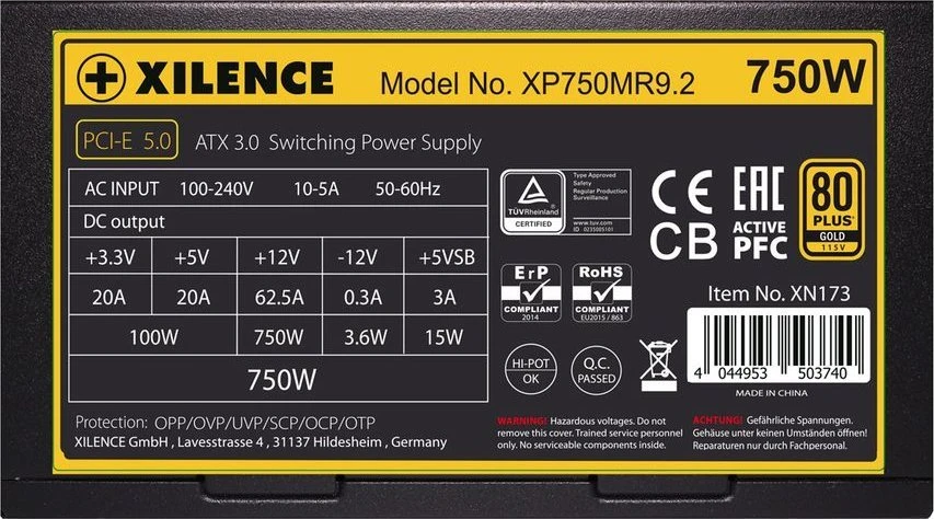 „Xilence Performance X ATX 3.0 80+“ auksinis 750W, kompiuterio maitinimo šaltinis - juodas, 1x 12VHPWR, 3x PCIe, laidų valdymas, 750 vatų
