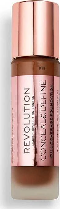 „Makeup Revolution Conceal & Define“ makiažo pagrindas be aliejaus „Kreminis“ F 15, 23 ml