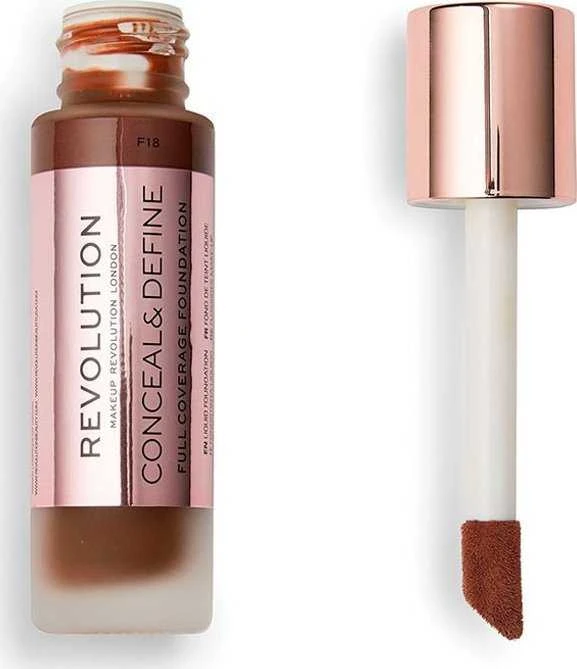 „Makeup Revolution Conceal & Define“ makiažo pagrindas be aliejaus „Kreminis“ F 18, 23 ml