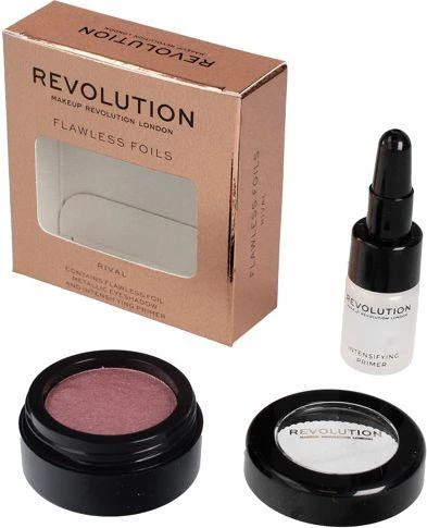 Rinkinys „Makeup Revolution“: „Flawless Foils“ veganiškų akių šešėlių pagrindas, 2 ml + „Flawless Foils“ veganiškų akių šešėlių paletė „Rival“, 2 g