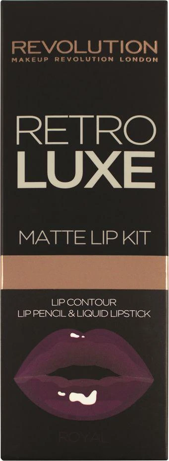 Rinkinys „Makeup Revolution“: „Retro Luxe Matte“ skysti lūpų dažai „Royal“ 5,5 ml + „Retro Luxe“ lūpų pieštukas „Royal“, 1 g