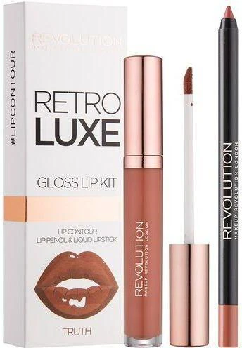 Rinkinys „Makeup Revolution“: „Retro Luxe Metallic“ skysti lūpų dažai „Sovereign“ 5,5 ml + „Retro Luxe“ lūpų pieštukas „Sovereign“, 1 g