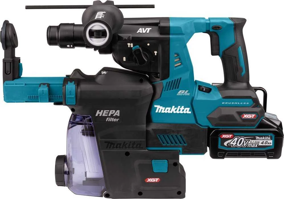Makita HR004GM202 Perforatorius XGT, 2,9 J, 28mm; 4,1kg, bešepetėlinis variklis, greitojo keitimo griebtuvas, 2X4,0Ah, greitasis kroviklis; AVT; XPT; Dulkių surinkimo sistemos priedas DX14; MAKPAC lagaminas