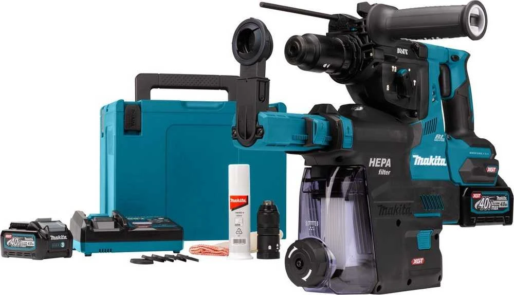 Makita HR004GM202 Perforatorius XGT, 2,9 J, 28mm; 4,1kg, bešepetėlinis variklis, greitojo keitimo griebtuvas, 2X4,0Ah, greitasis kroviklis; AVT; XPT; Dulkių surinkimo sistemos priedas DX14; MAKPAC lagaminas