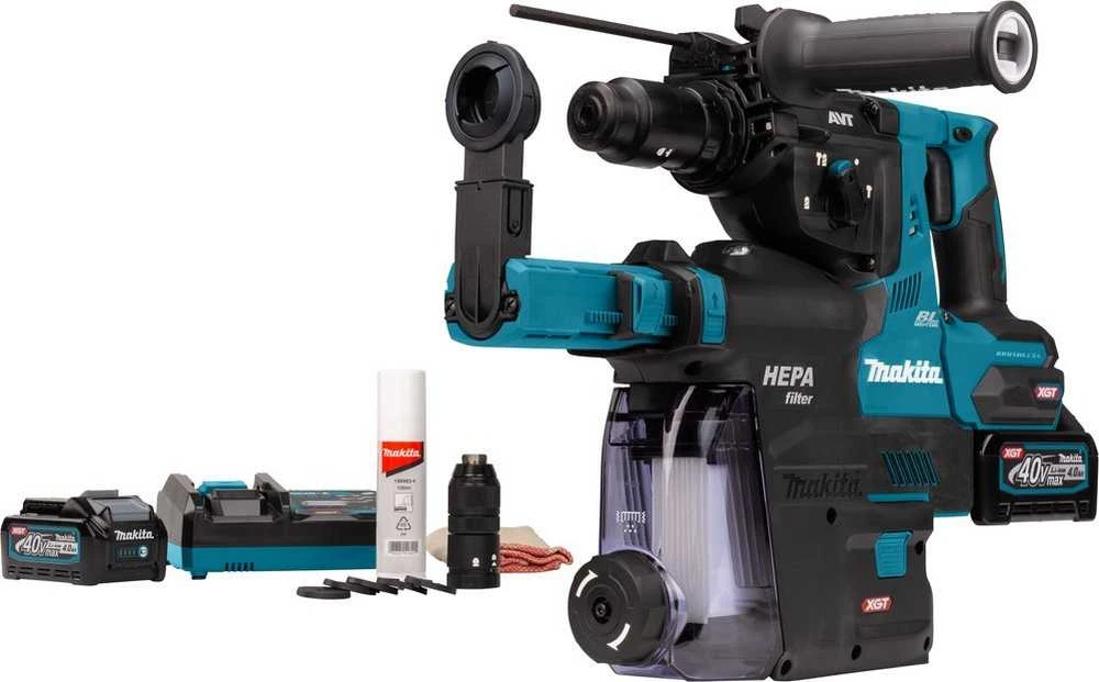 Makita HR004GM202 Perforatorius XGT, 2,9 J, 28mm; 4,1kg, bešepetėlinis variklis, greitojo keitimo griebtuvas, 2X4,0Ah, greitasis kroviklis; AVT; XPT; Dulkių surinkimo sistemos priedas DX14; MAKPAC lagaminas