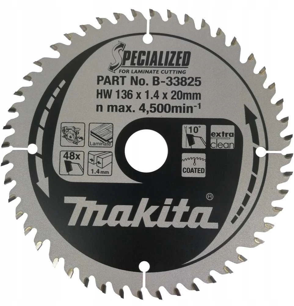 Makita T.C.T. pjūklas SPECIALIZED 136X1.4X20mm 10° T48 B-33825 T.C.T • 136 x20 mm • T48 • 10° • MDF/laminatui