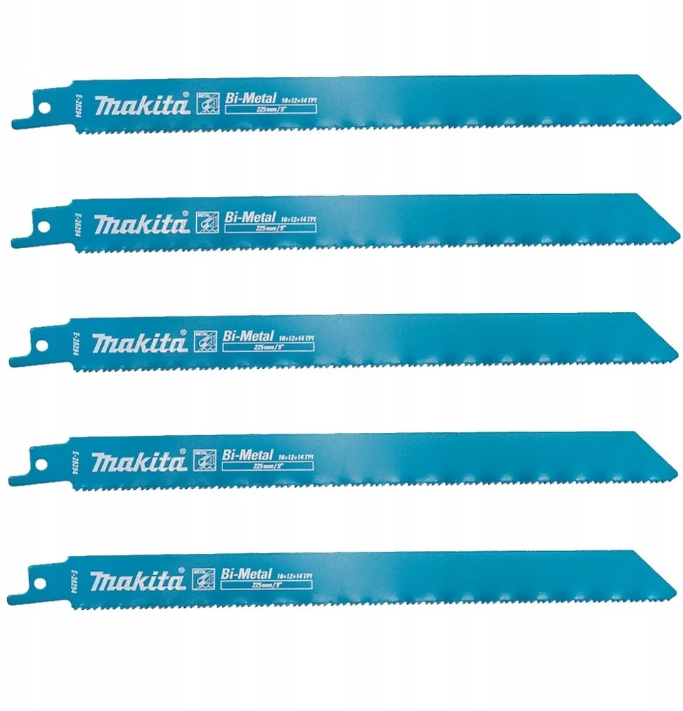 Makita Bi-Metal tiesinio pjūklo pjūkleliai metalui, 225 mm (10+12+14 TPI), 5 vnt. E-26294 Ašmenys skirti šioms medžiagoms: plienas, nerūdijantis plienas