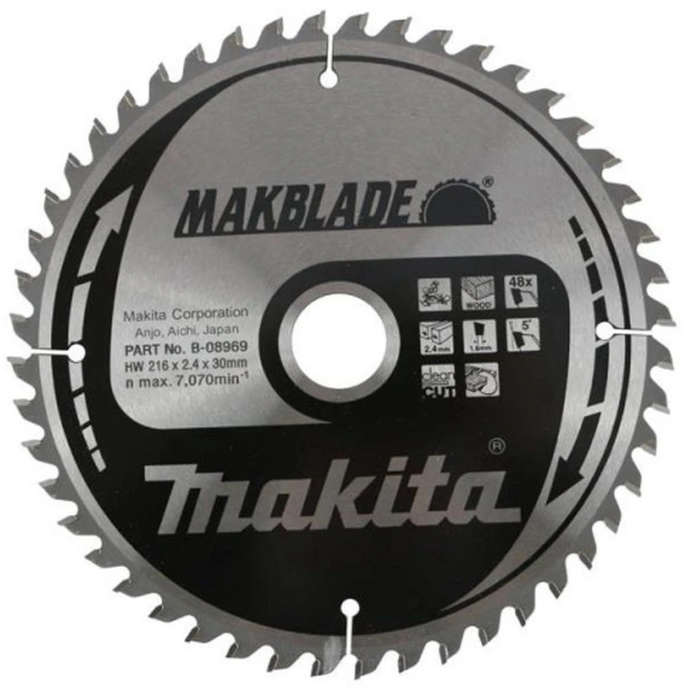 Makita T.C.T. pjūklas MAKBLADE 216X2.4X30mm 5° T48 B-08969 T.C.T • 216 x30 mm • T48 • 5° • Medienai