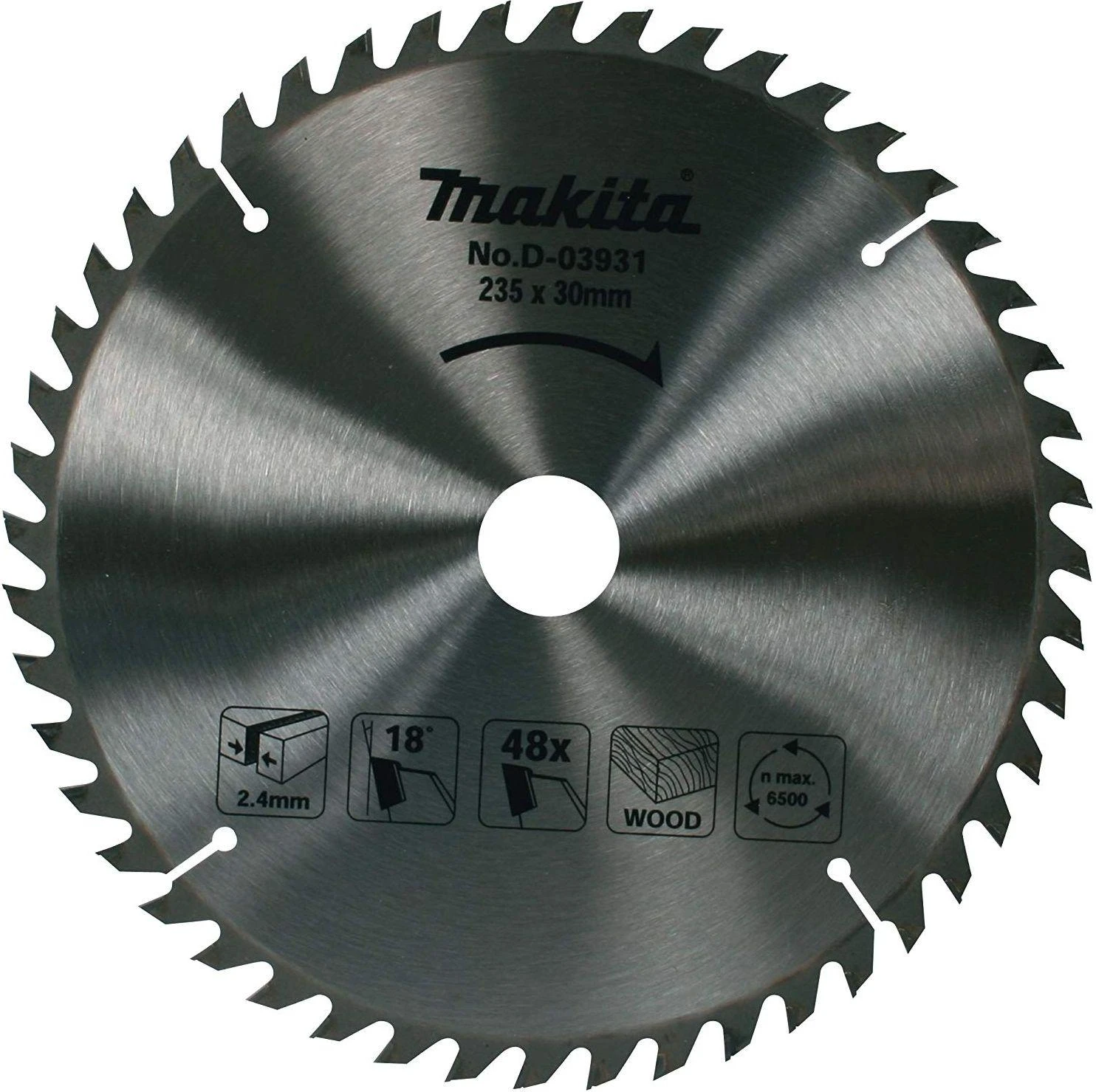 Makita T.C.T. pjūklas 235X2.4X30mm 18° T48 D-03931 T.C.T • 235 x30 mm • T48 • 18° • Medienai