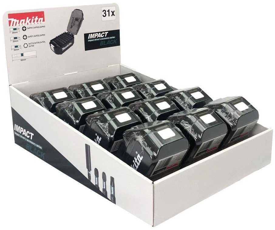 Makita E-03090 IMPACT Juodas 31vnt. antgalių rinkiniai, akumuliatoriaus formos dėkluose vitrininėje dėžėje, 12 rinkinių.