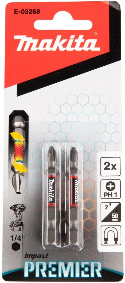 Makita Torsion sukimo antgalis (E-form), PH1-50mm, 2vnt. Impact Premier E-03268 PH1 • 50 mm • 1/4" • 2 vnt