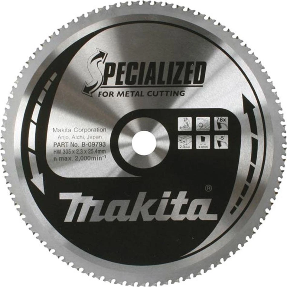 Makita T.C.T. pjūklas SPECIALIZED 305X2.3X25.4mm -5° T78 B-09793 T.C.T • 305 x25.4 mm • T78 • -5° • Metalui