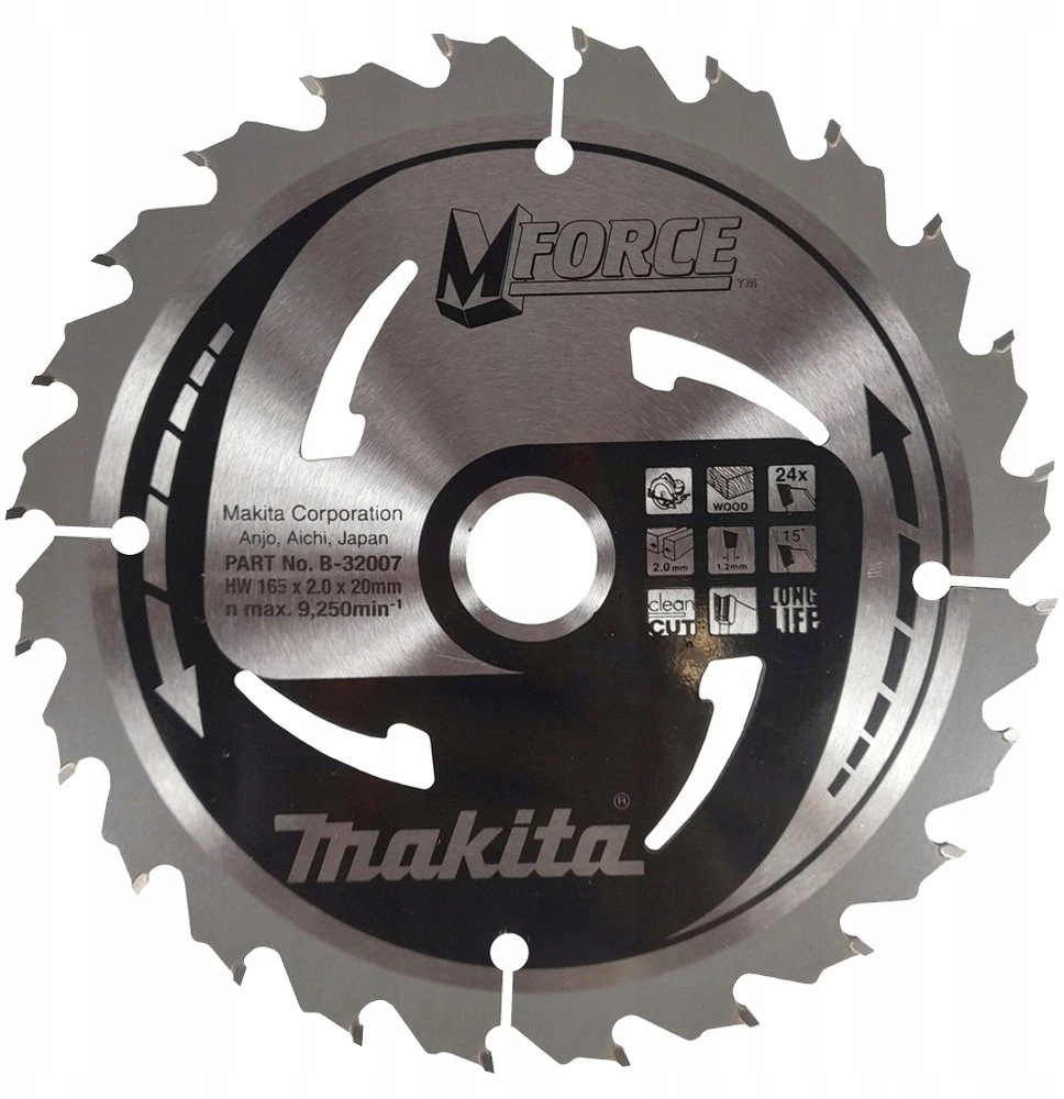 Makita T.C.T. pjūklas M-FORCE 165X2X20mm 15° T24 B-32007 T.C.T • 165 x20 mm • T24 • 15° • Medienai