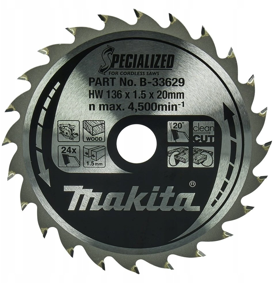 Makita T.C.T. pjūklas SPECIALIZED 136X1.5X20mm 20° T24 B-33629 T.C.T • 136 x20 mm • T24 • 20° • Medienai