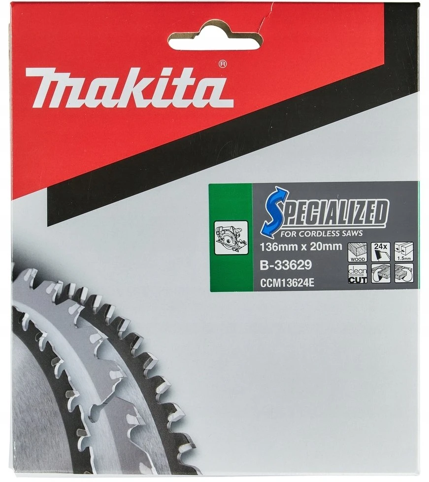 Makita T.C.T. pjūklas SPECIALIZED 136X1.5X20mm 20° T24 B-33629 T.C.T • 136 x20 mm • T24 • 20° • Medienai
