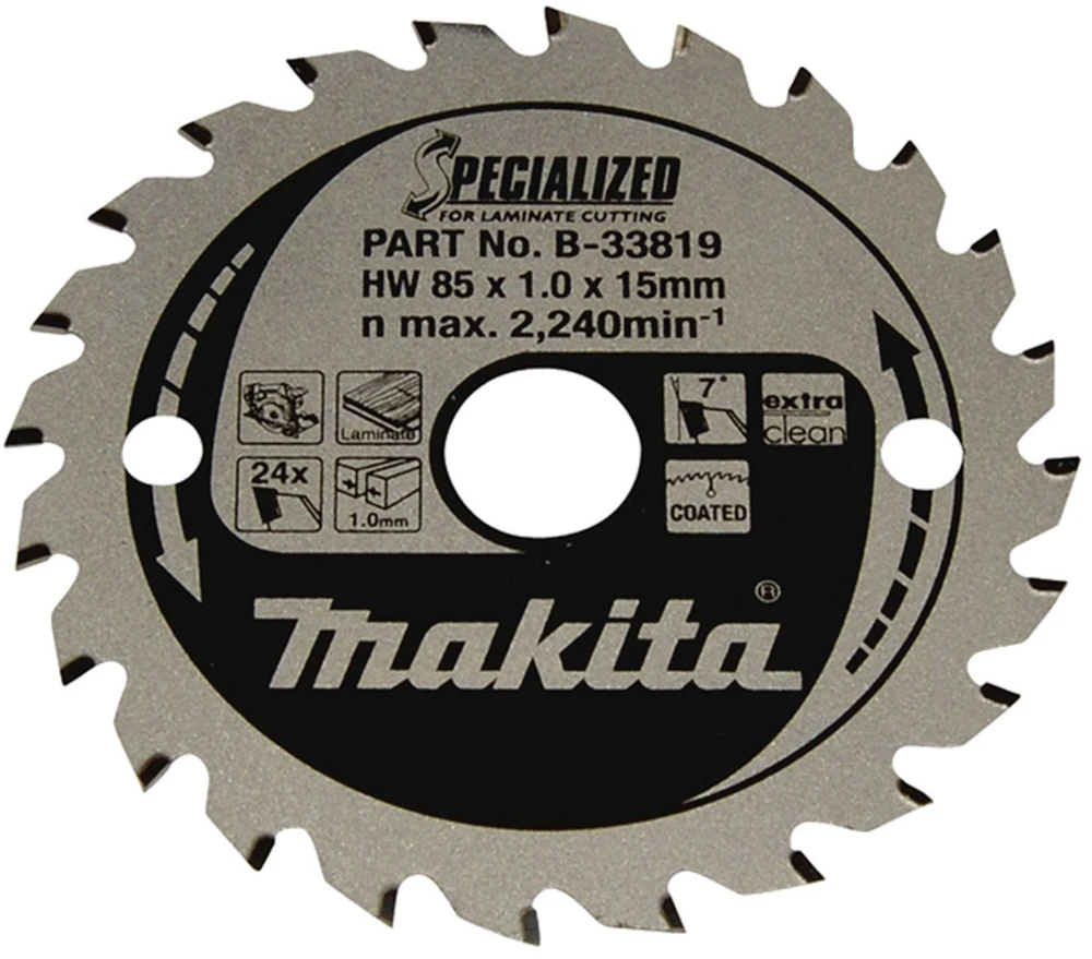 Makita T.C.T. pjūklas SPECIALIZED 85X1X15mm 7° T24 B-33819 T.C.T • 85 x15 mm • T24 • 7° • MDF/laminatui