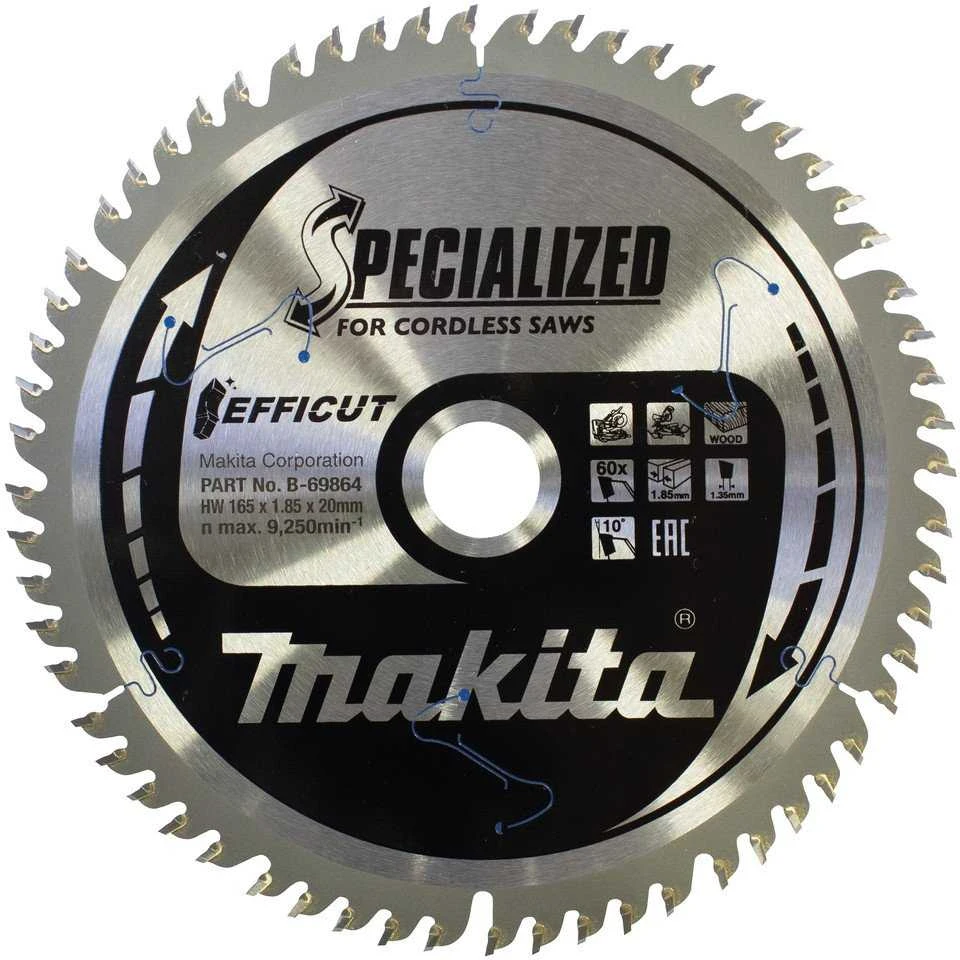 Makita T.C.T. pjūklas EFFICUT 165X1.85X20mm 10° T60 B-69864 T.C.T • 165 x20 mm • T60 • 10° • Medienai