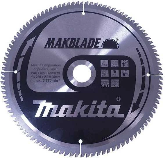 Makita T.C.T. pjūklas MAKBLADE 260X2.3X30mm 5° T100 B-32873 T.C.T • 260 x30 mm • T100 • 5° • Medienai