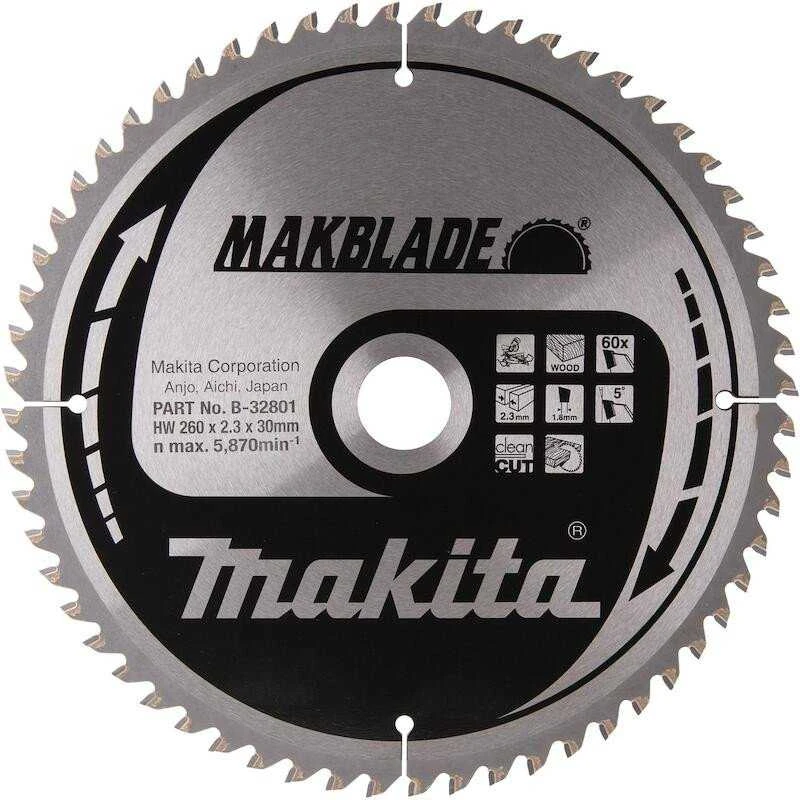 Makita T.C.T. pjūklas MAKBLADE 260X2.3X30mm 5° T100 B-32873 T.C.T • 260 x30 mm • T100 • 5° • Medienai