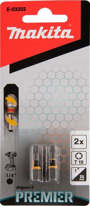 Makita Torsion sukimo antgalis (C-form), T15-25mm, 2vnt. Impact Premier E-03202 T15 • 25 mm • 1/4" • 2 Vnt