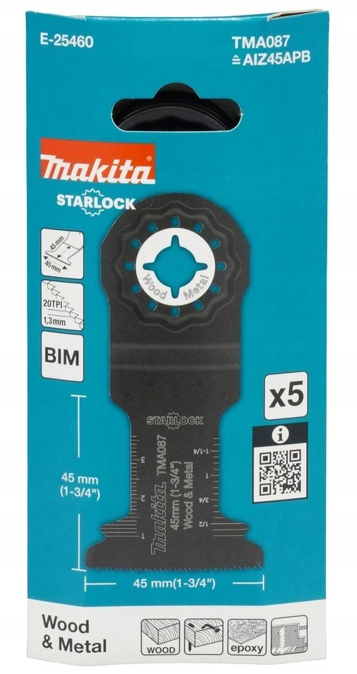 Makita STAROCK įgilinamojo pjovimo ašmenys 45x45mm, 5 vnt. E-25460 Starlock • 20 TPI • BiM • TMA087 • medienai/metalui