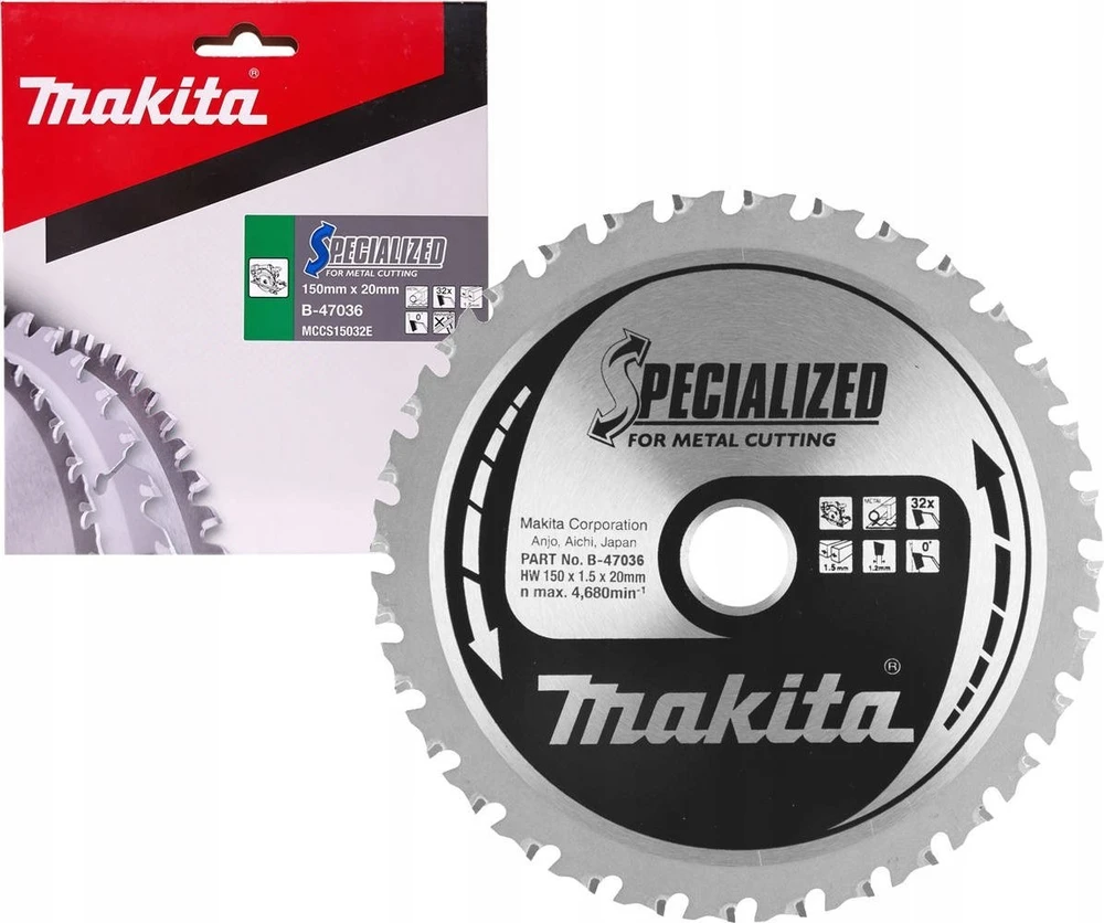 Makita T.C.T. pjūklas SPECIALIZED 150X1.5X20mm 0° T32 B-47036 T.C.T • 150 x20 mm • T32 • 0° • Metalui