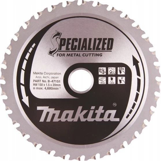 Makita T.C.T. pjūklas SPECIALIZED 150X1.5X20mm 0° T32 B-47036 T.C.T • 150 x20 mm • T32 • 0° • Metalui