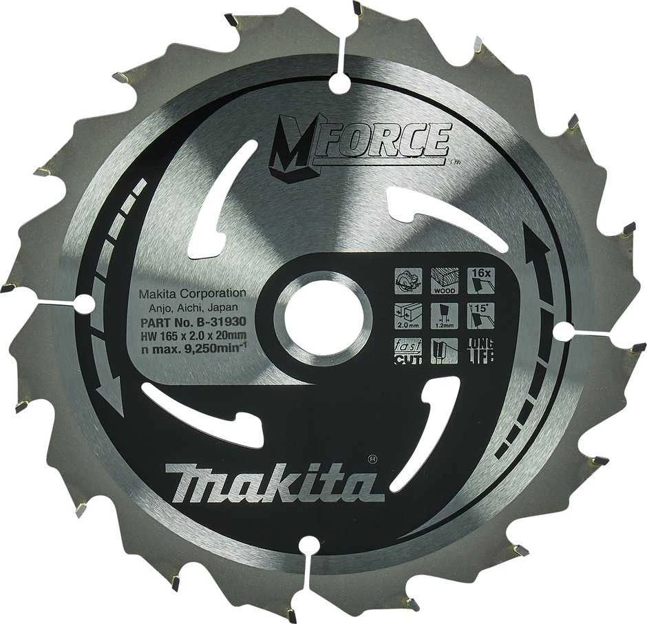 Makita T.C.T. pjūklas M-FORCE 165X2X20mm 15° T16 B-31930 T.C.T • 165 x20 mm • T16 • 15° • Medienai