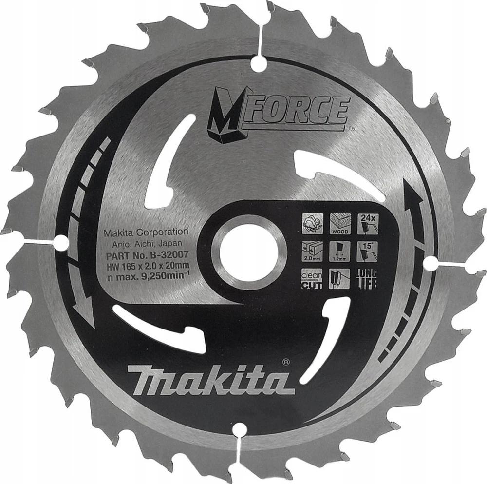 Makita T.C.T. pjūklas M-FORCE 165X2X20mm 15° T24 B-32007 T.C.T • 165 x20 mm • T24 • 15° • Medienai