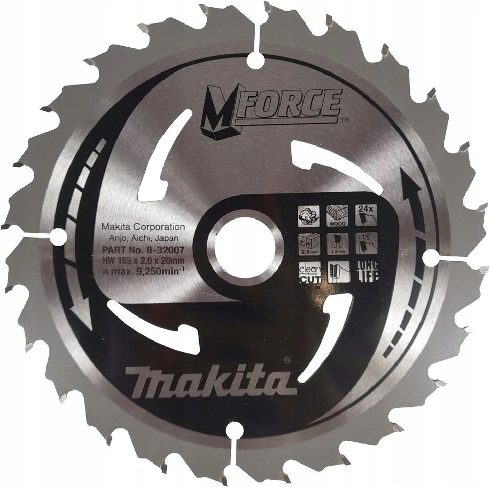 Makita T.C.T. pjūklas M-FORCE 165X2X20mm 15° T24 B-32007 T.C.T • 165 x20 mm • T24 • 15° • Medienai