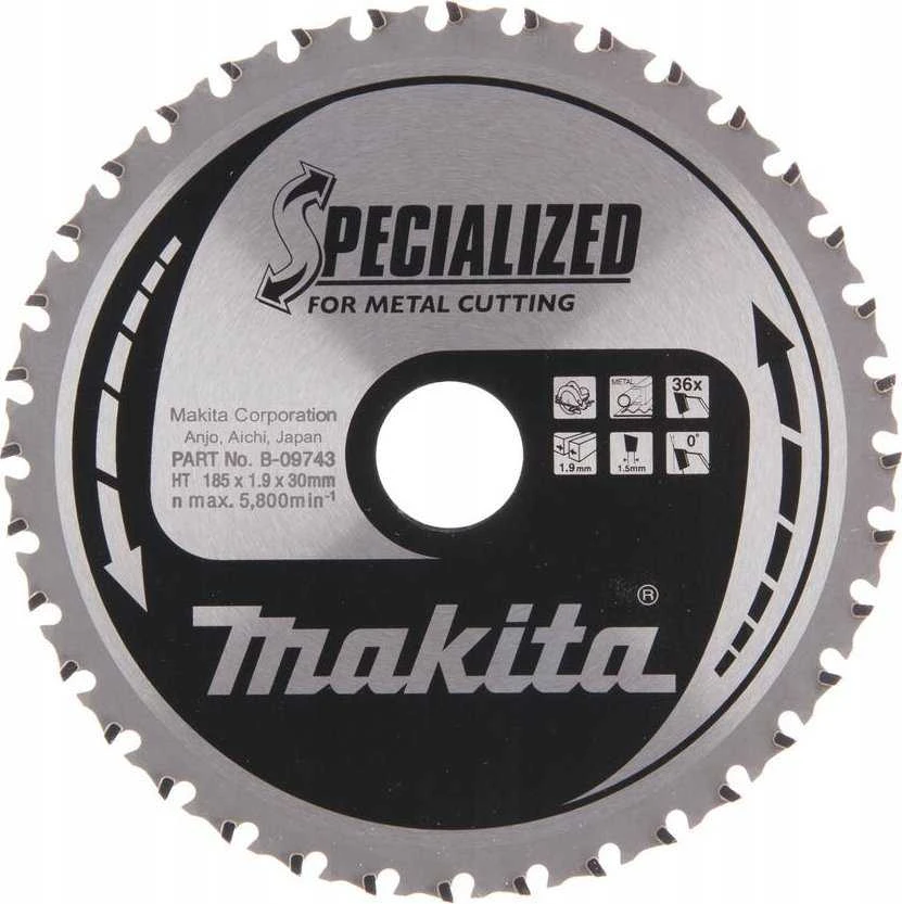 Makita T.C.T. pjūklas SPECIALIZED 185X1.9X30mm 0° T36 B-33417 T.C.T • 185 x30 mm • T36 • 0° • Metalui