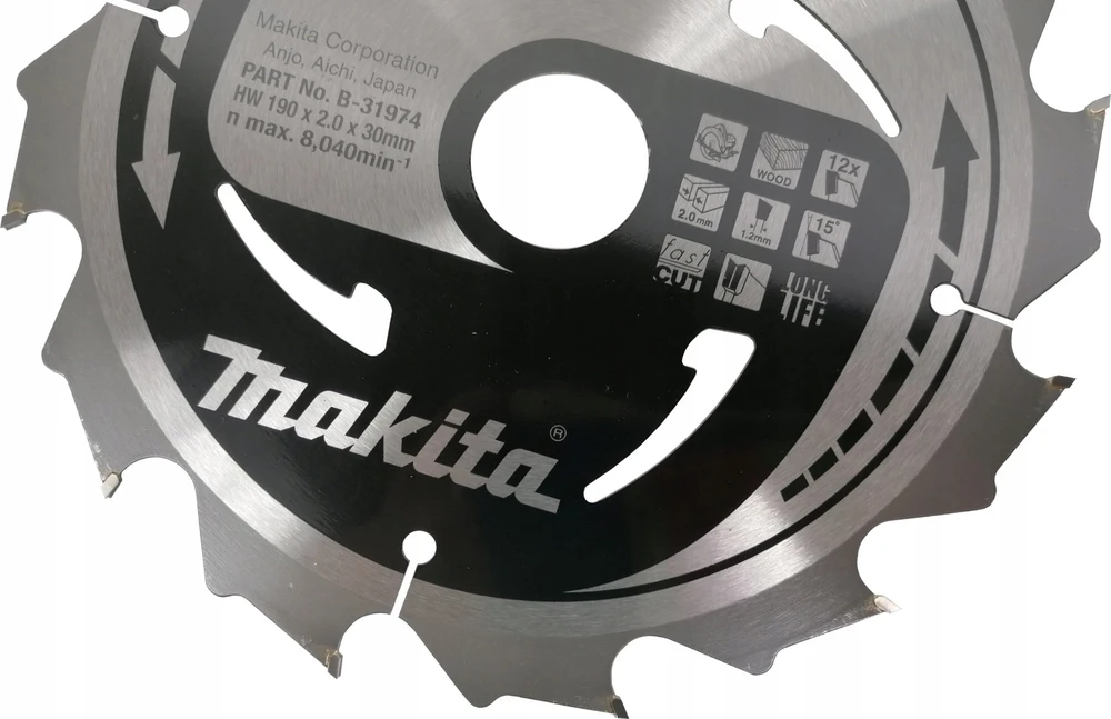 Makita T.C.T. pjūklas M-FORCE 190X2X30mm 15° T12 B-31974 T.C.T • 190 x30 mm • T12 • 15° • Medienai