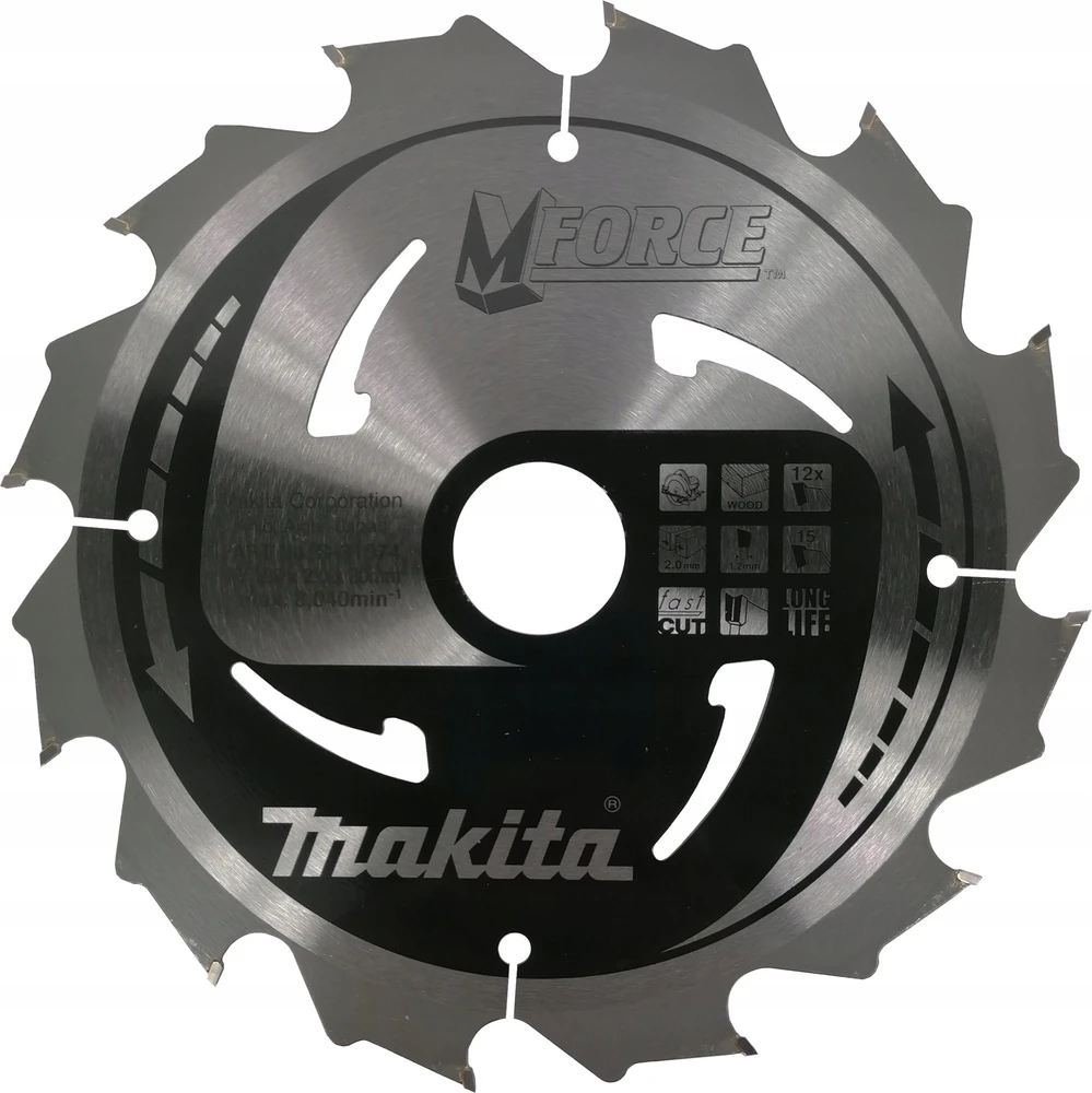 Makita T.C.T. pjūklas M-FORCE 190X2X30mm 15° T12 B-31974 T.C.T • 190 x30 mm • T12 • 15° • Medienai