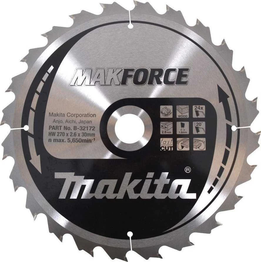 Makita T.C.T. pjūklas MAKFORCE 270X2.6X30mm 20° T24 B-32172 T.C.T • 270 x30 mm • T24 • 20° • Medienai