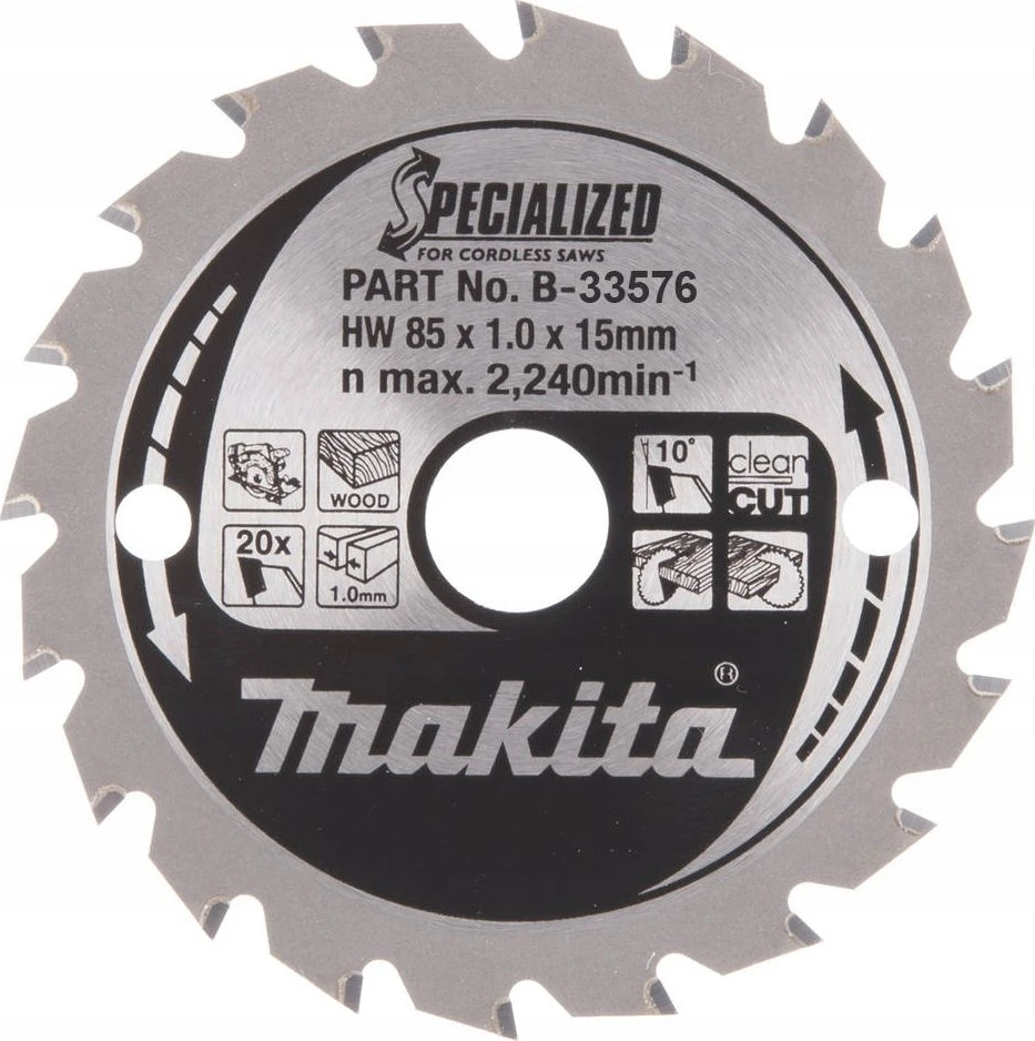 Makita T.C.T. pjūklas SPECIALIZED 85X1X15mm 10° T20 B-33576 T.C.T • 85 x15 mm • T20 • 10° • Medienai