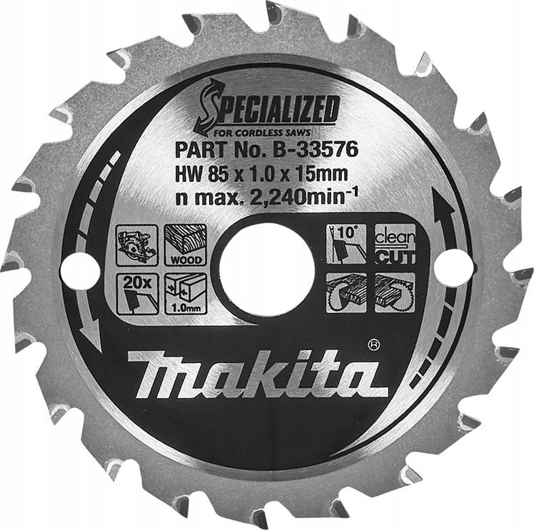 Makita T.C.T. pjūklas SPECIALIZED 85X1X15mm 10° T20 B-33576 T.C.T • 85 x15 mm • T20 • 10° • Medienai