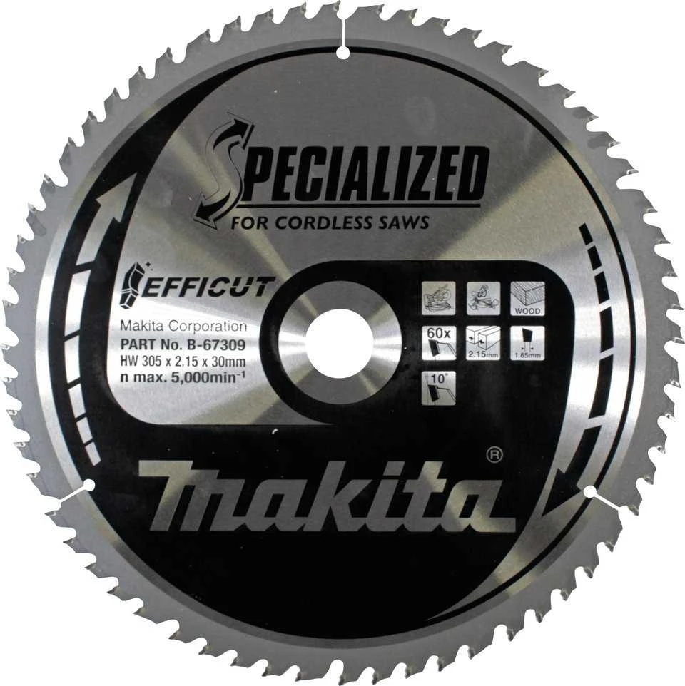 Makita T.C.T. pjūklas EFFICUT 305X2.15X30mm 10° T60 B-67256 T.C.T • 305 x30 mm • T60 • 10° • Medienai