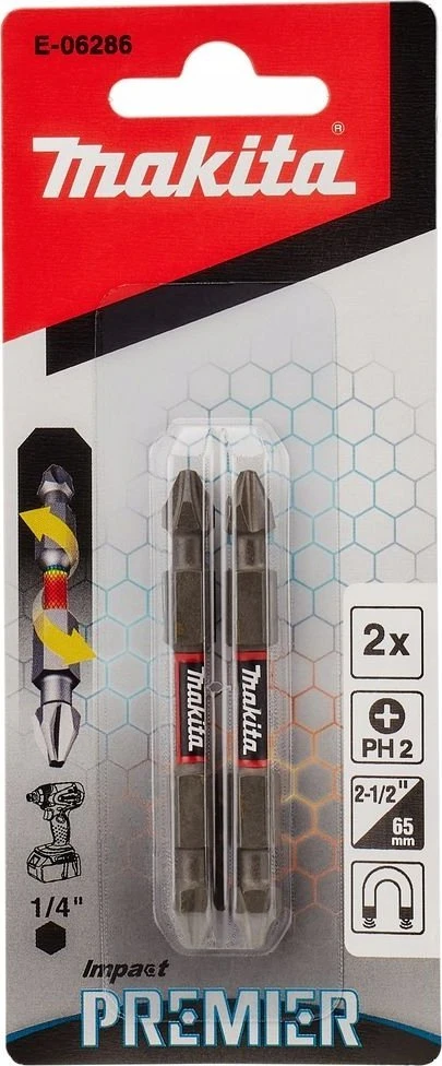 Makita Torsion sukimo antgalis Dbl-End, PH2-65mm, 2vnt. Impact Premier E-06286 PH2 - PH2 • 65 mm • Dbl-End • 1/4" • 2 vnt
