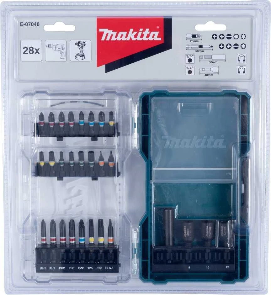 Grąžtas Makita 28 vnt. antgalių rinkiniai vitrininėje dėžėje E-07048