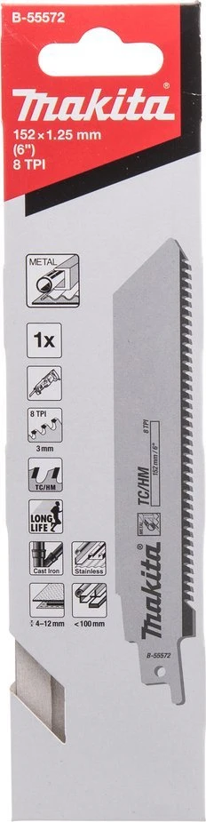 Makita Tiesinio pjūklo pjūklelis TC/HM 152x1,25mm (8tpi), 1Vnt., Metalui B-55572