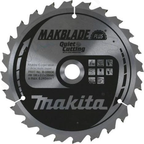 Makita T.C.T. pjūklas MAKBLADE PLUS 260X2.3X30mm 5° T40 B-08654 T.C.T • 260 x30 mm • T40 • 5° • Medienai