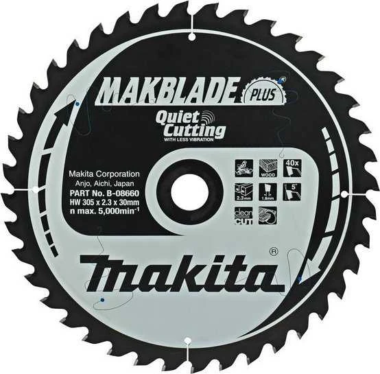 Makita T.C.T. pjūklas MAKBLADE PLUS 305X2.3X30mm 5° T40 B-08660 T.C.T • 305 x30 mm • T40 • 5° • Medienai