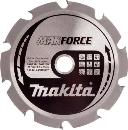 Makita T.C.T. pjūklas MAKFORCE 165X2X20mm 20° T10 B-08159 T.C.T • 165 x20 mm • T10 • 20° • Medienai