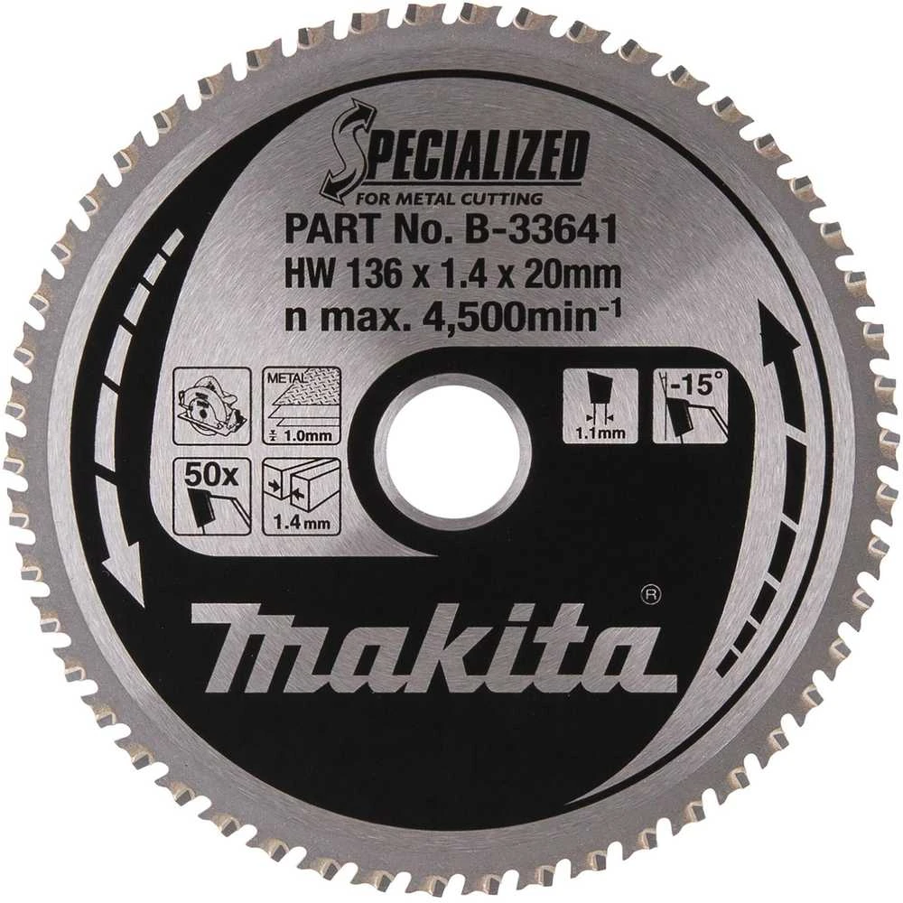 Makita T.C.T. pjūklas SPECIALIZED 136X1.4X20mm -15° T50 B-33641 T.C.T • 136 x20 mm • T50 • -15° • Metalui