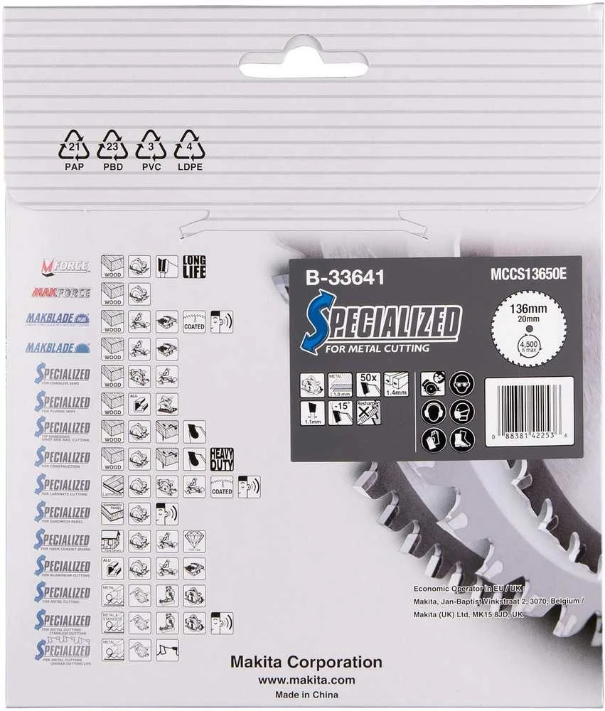 Makita T.C.T. pjūklas SPECIALIZED 136X1.4X20mm -15° T50 B-33641 T.C.T • 136 x20 mm • T50 • -15° • Metalui