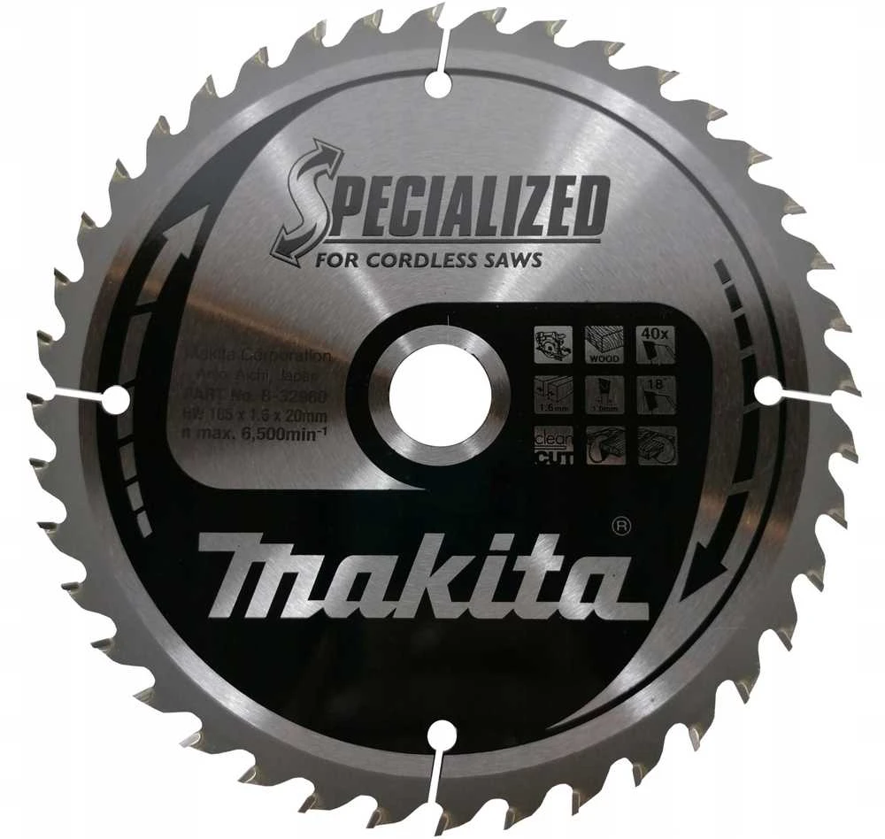 Makita T.C.T. pjūklas SPECIALIZED 165X1.6X20mm 18° T40 B-32960 T.C.T • 165 x20 mm • T40 • 18° • Medienai